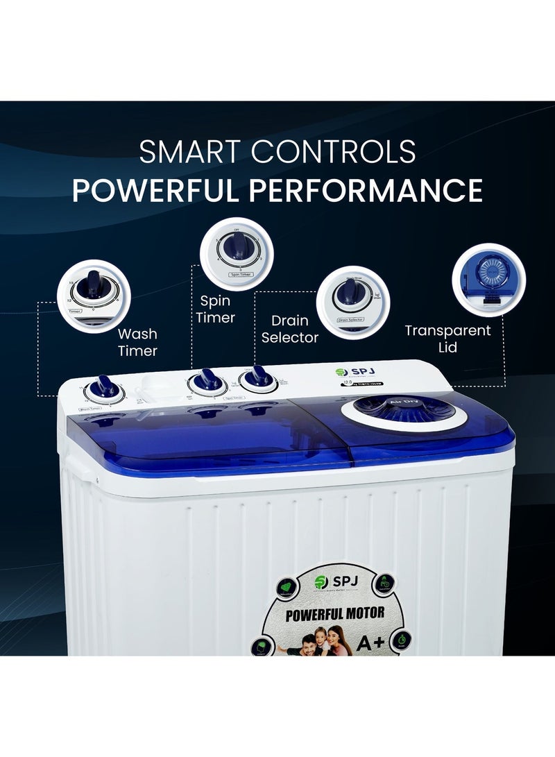 SPJ 12kg Semi Automatic Washing Machine Twin Tub, Top Load, Powerful Wash & Spin Dryer, Transparent Lid, Energy Saving – White - Image 2